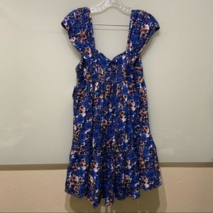 Free People; Blue Pattern Play Linen Floral ;Ruffle Mini Dress; Size  Small,.